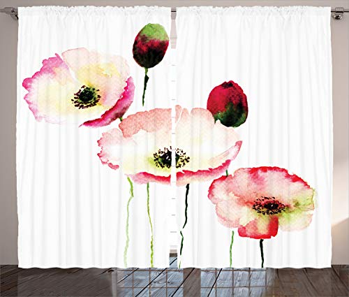 ABAKUHAUS Blumen Rustikaler Gardine, Poppy Vintage-Blüten, Schlafzimmer Kräuselband Vorhang mit Schlaufen und Haken, 280 x 245 cm, Pink Rot von ABAKUHAUS
