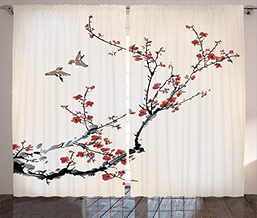 ABAKUHAUS Blumen Rustikaler Vorhang, Asiatische Art Art Vögel, Wohnzimmer Universalband Gardinen mit Schlaufen und Haken, 280 x 260 cm, Schwarzer Burgunder von ABAKUHAUS