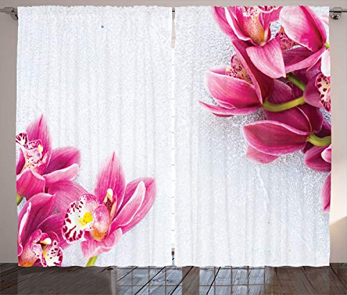 ABAKUHAUS Blumen Rustikaler Vorhang, Relaxing Orchideen-Muster, Wohnzimmer Universalband Gardinen mit Schlaufen und Haken, 280 x 245 cm, Weiß Dunkle Koralle von ABAKUHAUS