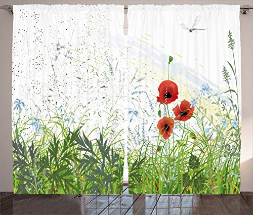 ABAKUHAUS Blumen Rustikaler Vorhang, Rote Mohnblumen-Libelle, Wohnzimmer Universalband Gardinen mit Schlaufen und Haken, 280 x 245 cm, Grün Rot von ABAKUHAUS