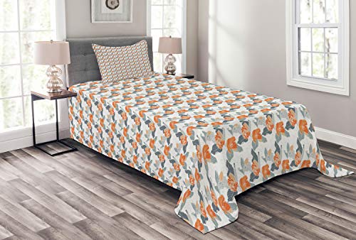 ABAKUHAUS Blumen Tagesdecke Set, Apple-Knospen-Blüten, Set mit Kissenbezügen Weicher Stoff, für Einzelbetten 170 x 220 cm, Orange Purpleblue von ABAKUHAUS