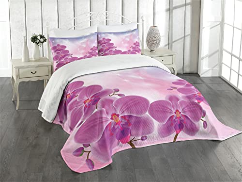 ABAKUHAUS Blumen Tagesdecke Set, Exotische Orchideen-Blumen, Set mit Kissenbezügen Waschbar, für Doppelbetten 220 x 220 cm, Blau Lila von ABAKUHAUS