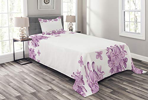 ABAKUHAUS Blumen Tagesdecke Set, Romantische Lilac Garden, Set mit Kissenbezügen Waschbar, für Einselbetten 170 x 220 cm, Weiß Lila von ABAKUHAUS