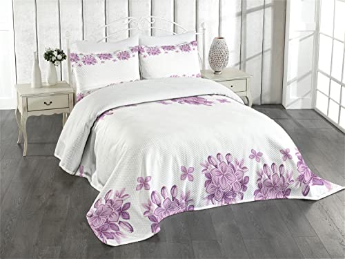 ABAKUHAUS Blumen Tagesdecke Set, Romantische Lilac Garden, Set mit Kissenbezügen Waschbar, für Doppelbetten 264 x 220 cm, Weiß Lila von ABAKUHAUS