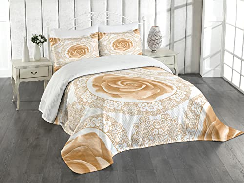 ABAKUHAUS Blumen Tagesdecke Set, Rose Röschen, Set mit Kissenbezügen Waschbar, für Doppelbetten 220 x 220 cm, Beige Braun von ABAKUHAUS