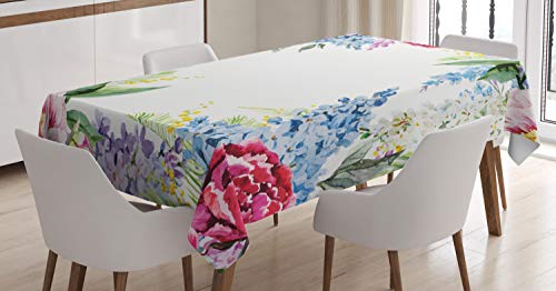 ABAKUHAUS Blumen Tischdecke, Flieder Frühling Lavenders, Pflegeleicht mit Modernster Druck Technologie Waschbar und Personalisiert, 140 x 170 cm, Weiß Hellblau Rosa von ABAKUHAUS