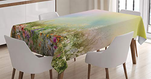 ABAKUHAUS Blumen Tischdecke, Frühlings-Blumen-Natur, Druck mit Klaren Farben ohne Verblassen Waschbar für innen oder Außen Bereich, 140 x 200 cm, Grün Gelb von ABAKUHAUS
