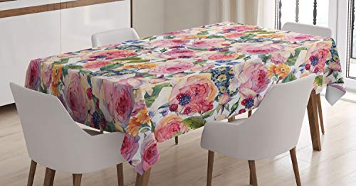 ABAKUHAUS Blumen Tischdecke, Shabby Pflanze Rose Blumen, Schmutzabweisent mit Modernster Druck Technologie Waschbar Klare Farben, 140 x 200 cm, Rosa Grün von ABAKUHAUS