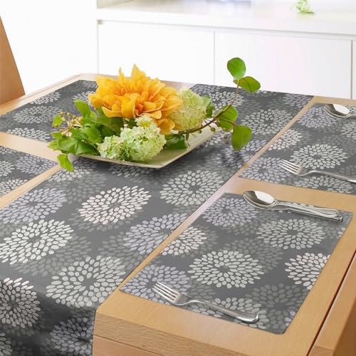 ABAKUHAUS Blumen Tischläufer & 4 Stück Tischsets, Abstrakte Illustration von Dahlia Flowers Multi Layered Petal Prints, Tischdeko-Set, 180 x 40 cm, Kokosnuss Grau von ABAKUHAUS