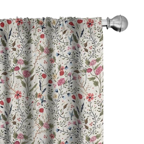 ABAKUHAUS Blumen Vorhänge 2er-Pack, Blumen Collage aus Ritterstern Tulpen Rosen Veilchen Lebhafter Fröhliche Natur Muster, Vorhang für Wohnzimmer Schlafzimmer, 4 Stück 75 cm x 175 cm, Beige Grün von ABAKUHAUS