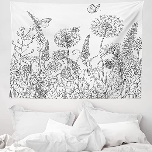 ABAKUHAUS Blumen Wandteppich, Blumen-Garten-Landschaft aus Weiches Mikrofaser Stoff Waschbar ohne Verblassen Digitaldruck, 150 x 110 cm, Weiß Grau von ABAKUHAUS