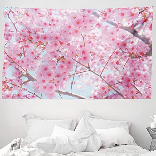 ABAKUHAUS Blumen Wandteppich und Tagesdecke, Japanische Sakura Blumen aus Weiches Mikrofaser Stoff Waschbar ohne Verblassen Digitaldruck, 230 x 140 cm, Baby Pink von ABAKUHAUS