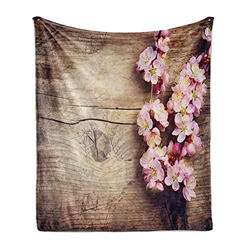 ABAKUHAUS Blumen Weiche Kuscheldecke Sofadecke, Spring Blossom auf Holz, Gemütlicher Plüsch für den Innen- und Außenbereich, 125 x 175 cm, rosa Brown von ABAKUHAUS