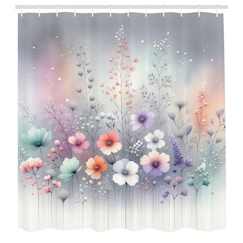 ABAKUHAUS Blumig Duschvorhang, Winter Fantasy Thema traumhafte Atmosphäre und blühende zarte Blumen, Stoffliches Gewebe mit Haken, 175 x 200 cm, Blasses Grau Meeresschaum Flieder von ABAKUHAUS