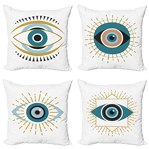 ABAKUHAUS Böses Auge Dekokissen Kissenbezug 4er Pack, Modern Minimalistisch Tribal Boho Modern Accent Doppelseitiger Digitaldruck, 45 cm x 45 cm, Fawn Petrolblau und Weiß von ABAKUHAUS