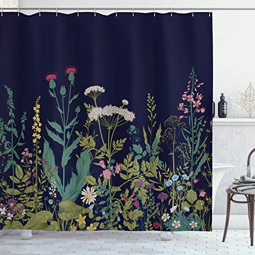 ABAKUHAUS Botanisch Duschvorhang, Rural Kräuter Blumen, Stoffliches Gewebe Badezimmerdekorationsset mit Haken, 175 x 200 cm, Mehrfarbig von ABAKUHAUS