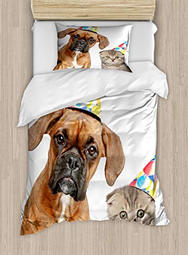 ABAKUHAUS Boxer-Hund Bettbezugs Set für Einzelbetten, Funny Dog Scottish Cat, Milbensicher Allergiker geeignet mit Kissenbezug, 130 x 200 cm, Mehrfarbig Kamel von ABAKUHAUS