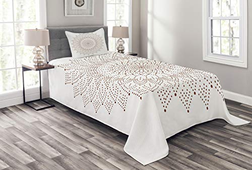 ABAKUHAUS Brown Mandala Tagesdecke Set, Pointillist Spitze Kunst, Set mit Kissenbezügen Waschbar, für Einselbetten 170 x 220 cm, Braun Weiß von ABAKUHAUS