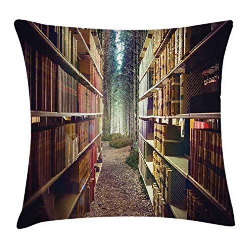 ABAKUHAUS Bücherregal Kissenbezug, Zusammenfassung Bibliothek in Woods, Wasser und Schmutz resistent Waschbar Beidseitiger Druck mit Reißverschluß, 40 x 40 cm, Braun Grün von ABAKUHAUS