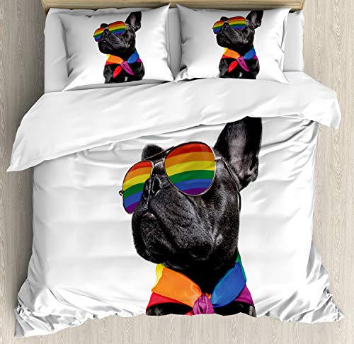 ABAKUHAUS Bulldogge Bettbezugs Set Für Doppelbetten, Stolz, Homosexuell Pet Posing Lustig, Milbensicher Allergiker geeignet mit Kissenbezügen, 200 x 200 cm, Weiß Mehrfarbig von ABAKUHAUS