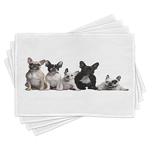 ABAKUHAUS Bulldogge Platzmatten, Gruppe Junge französische Bulldoggen mit entzückenden Ausdruck-Tierfreund-Foto, Tiscjdeco aus Farbfesten Stoff für das Esszimmer und Küch, Weiß Beige Schwarz von ABAKUHAUS