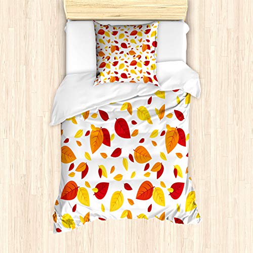 ABAKUHAUS Bunt Bettbezug Set für Einzelbetten, Saisonale Herbstblätter, Milbensicher Allergiker geeignet mit Kissenbezug, Rot Orange Gelb von ABAKUHAUS