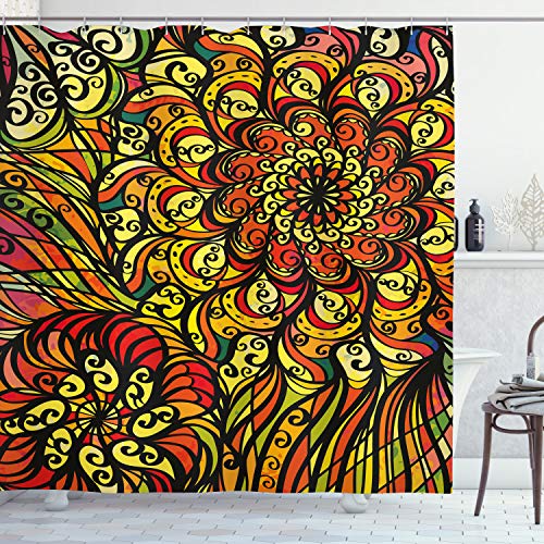 ABAKUHAUS Bunt Duschvorhang, Abstrakt Curly Floral, Stoffliches Gewebe Badezimmerdekorationsset mit Haken, 175 x 200 cm, Mehrfarbig von ABAKUHAUS