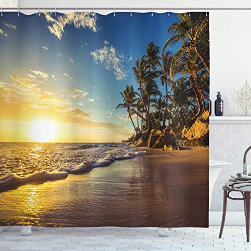 ABAKUHAUS Bunt Duschvorhang, Exotic Beach Sunset, Stoffliches Gewebe Badezimmerdekorationsset mit Haken, 175 x 200 cm, Braun Gelb Blau ABAKUHAUS Bunt Duschvorhang, Exotic Beach Sunset, Stoffliches Gewebe Badezimmerdekorationsset mit Haken, 175 x 200 cm, Braun Gelb Blau von ABAKUHAUS
