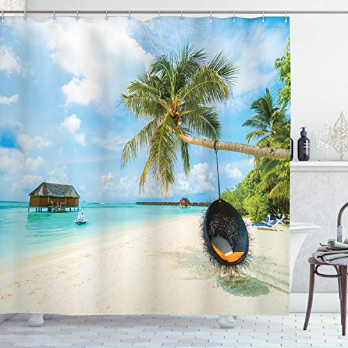 ABAKUHAUS Bunt Duschvorhang, Exotische Malediven Meer, Stoffliches Gewebe Badezimmerdekorationsset mit Haken, 175 x 180 cm, Mehrfarbig von ABAKUHAUS
