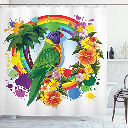 ABAKUHAUS Bunt Duschvorhang, Palmen Tropische Pflanzen, Stoffliches Gewebe Badezimmerdekorationsset mit Haken, 175 x 200 cm, Grün gelb von ABAKUHAUS