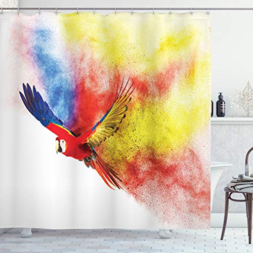 ABAKUHAUS Bunt Duschvorhang, Parrot mit Federn, Stoffliches Gewebe Badezimmerdekorationsset mit Haken, 175 x 220 cm, Mehrfarbig von ABAKUHAUS