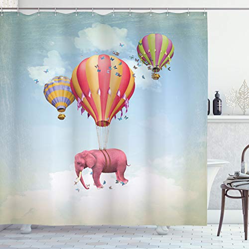 ABAKUHAUS Bunt Duschvorhang, Pink Elephant in Sky, Stoffliches Gewebe Badezimmerdekorationsset mit Haken, 175 x 220 cm, Mehrfarbig von ABAKUHAUS