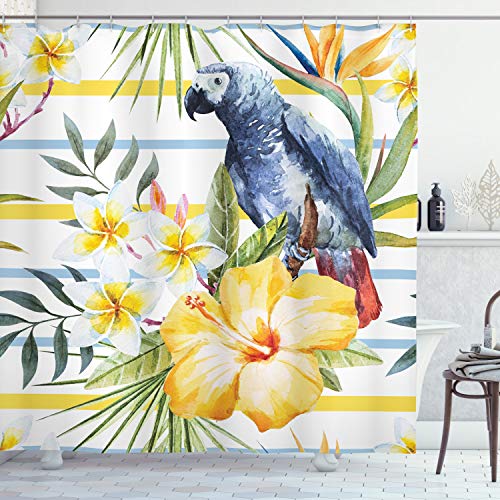 ABAKUHAUS Bunt Duschvorhang, Tropic Exotic Papageien, Stoffliches Gewebe Badezimmerdekorationsset mit Haken, 175 x 180 cm, Mehrfarbig von ABAKUHAUS
