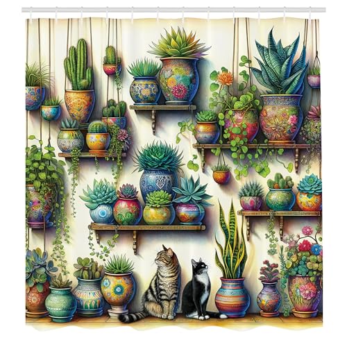 ABAKUHAUS Bunt Duschvorhang, Vintage Botanik Thema Bohemian Szene von Kakteen und Blättern mit Katzen, Stoffliches Gewebe Badezimmerdekorationsset mit Haken, 175 x 200 cm, Beige Farngrün Türkis ABAKUHAUS Bunt Duschvorhang, Vintage Botanik Thema Bohemian Szene von Kakteen und Blättern mit Katzen, Stoffliches Gewebe Badezimmerdekorationsset mit Haken, 175 x 200 cm, Beige Farngrün Türkis von ABAKUHAUS