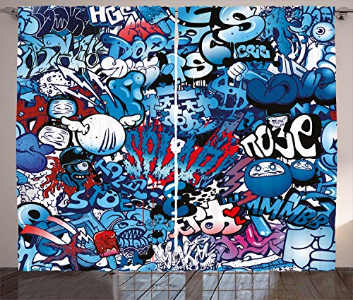 ABAKUHAUS Bunt Rustikaler Gardine, Graffiti Street Art, Schlafzimmer Kräuselband Vorhang mit Schlaufen und Haken, 280 x 175 cm, Aqua Rot von ABAKUHAUS