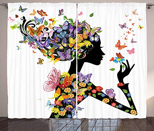 ABAKUHAUS Bunt Rustikaler Vorhang, Blumen mit Schmetterling, Wohnzimmer Universalband Gardinen mit Schlaufen und Haken, 280 x 245 cm, Schwarz Mehrfarbig von ABAKUHAUS