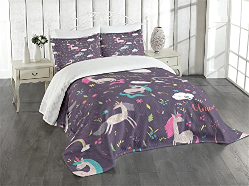 ABAKUHAUS Bunt Tagesdecke Set, Unicorn Happy Day, Set mit Kissenbezügen Waschbar, für Einzelbetten 170 x 220 cm, Grau Lila von ABAKUHAUS