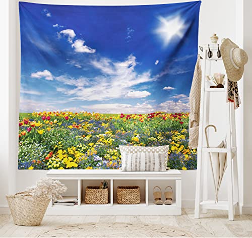 ABAKUHAUS Bunt Wandteppich und Tagesdecke, Blumen bewölkten Himmel aus Weiches Mikrofaser Stoff Waschbar ohne Verblassen Digitaldruck, 230 x 140 cm, Himmelblau von ABAKUHAUS