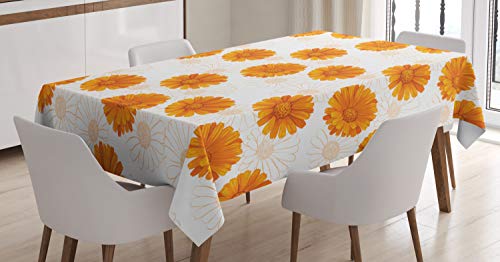 ABAKUHAUS Burnt orange Tischdecke, Calendula Blumen, Druck mit Klaren Farben ohne Verblassen Waschbar für innen oder Außen Bereich, 140 x 240 cm, Dunkelorange und Weiß von ABAKUHAUS