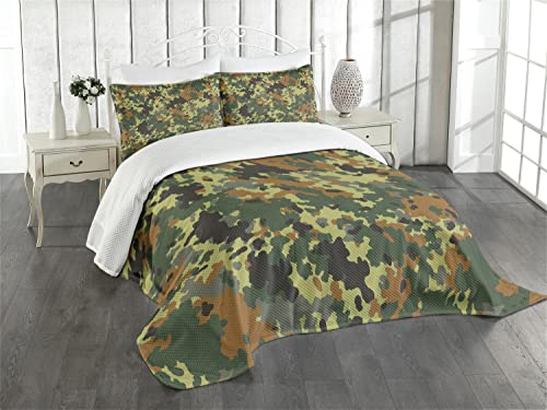 ABAKUHAUS Camo Tagesdecke Set, Klassisches Deutschland Pattern, Set mit Kissenbezügen Waschbar, für Einzelbetten 170 x 220 cm, Dunkelgrün Grün von ABAKUHAUS