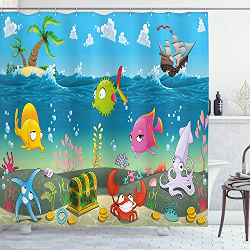 ABAKUHAUS Cartoon Duschvorhang, Meerestiere Unterwasser, Stoffliches Gewebe Badezimmerdekorationsset mit Haken, 175 x 200 cm, Magenta -Meer von ABAKUHAUS