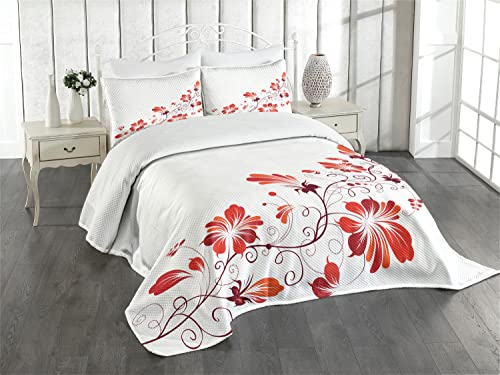 ABAKUHAUS Chinesisch Tagesdecke Set, Floral Petal Ornaments, Set mit Kissenbezügen Moderne Designs, für Doppelbetten 220 x 220 cm, Weiß Rot von ABAKUHAUS