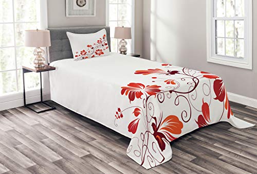 ABAKUHAUS Chinesisch Tagesdecke Set, Floral Petal Ornaments, Set mit Kissenbezug Moderne Designs, für Einzelbetten 170 x 220 cm, Weiß Rot von ABAKUHAUS