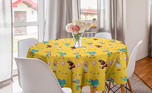 ABAKUHAUS Clown Runde Tischdecke, Geburtstags-Party-Zirkus Tiere, Kreis Tischdecke Abdeckung für Esszimmer Küche Dekoration, 150 cm, Senf Multicolor von ABAKUHAUS