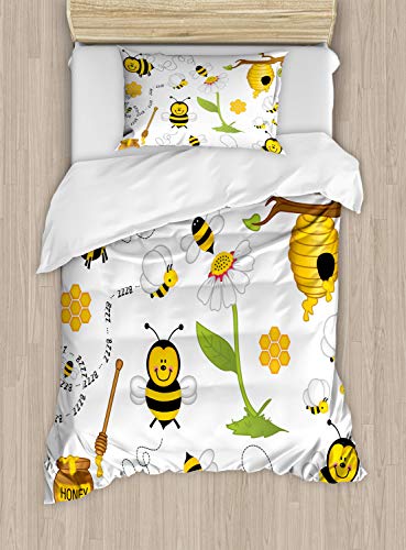 ABAKUHAUS Collage Bettbezug Set für Einzelbetten, Bienen Gänseblümchen Kamille, Milbensicher Allergiker geeignet mit Kissenbezug, 130 x 200 cm - 70 x 50 cm, Gelb Weiß Schwarz von ABAKUHAUS