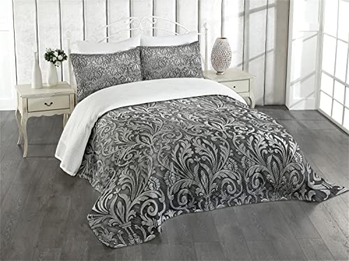 ABAKUHAUS Damask Tagesdecke Set, Klassische Blumenverzierung, Set mit Kissenbezügen Waschbar, für Einzelbetten 170 x 220 cm, Schwarz Grau von ABAKUHAUS