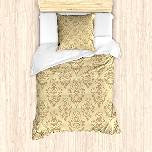 ABAKUHAUS Damast Bettbezug Set für Einzelbetten, Antike Spitze Blumen, Milbensicher Allergiker geeignet mit Kissenbezug, Beige von ABAKUHAUS
