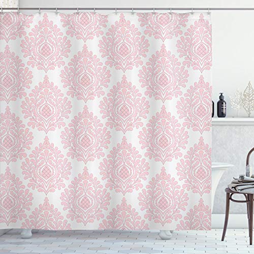 ABAKUHAUS Damast Duschvorhang, Rosa Victorian Pattern, Stoffliches Gewebe Badezimmerdekorationsset mit Haken, 175 x 200 cm, Pink und Weiß von ABAKUHAUS