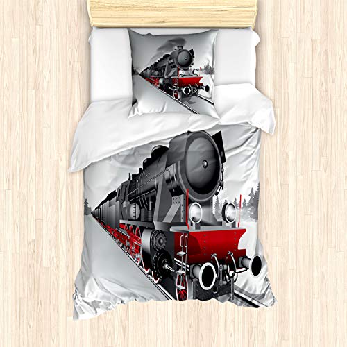 ABAKUHAUS Dampfmaschine Bettbezug Set für Einzelbetten, Bahnzug Kunst, Milbensicher Allergiker geeignet mit Kissenbezug, Grau Rot von ABAKUHAUS