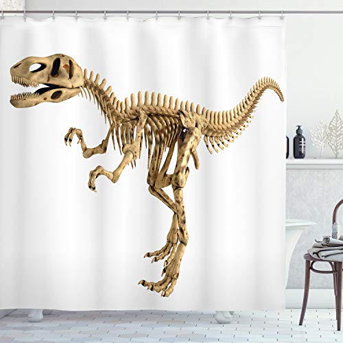 ABAKUHAUS Dinosaurier Duschvorhang, Fossil Dino-Skelett, Stoffliches Gewebe Badezimmerdekorationsset mit Haken, 175 x 200 cm, Hellbraun Weiß von ABAKUHAUS